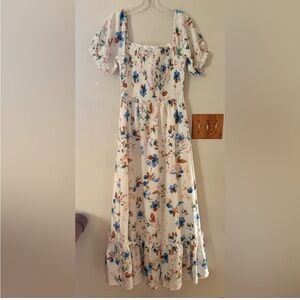 Baltic Born Blue and Brown Pleated Puff Sleeve Maxi Dress